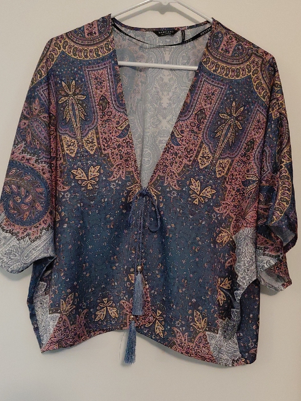 Marciano Navy Multi Paisley Tie-Front Short Kimono. Size XS Runs Large